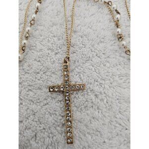 Gold-Plated Cross Necklace with Pearls & Crystals 24 Inches 2-Strand